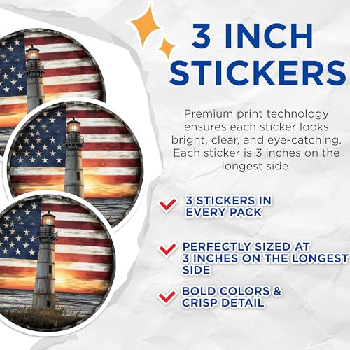 (3 Pack) Lighthouse American Flag Decals - Patriotic USA - Coastal Decor Stickers - 3 Inches On Longest Side - Easy Peel & Apply - Made in USA - 3MCS8195