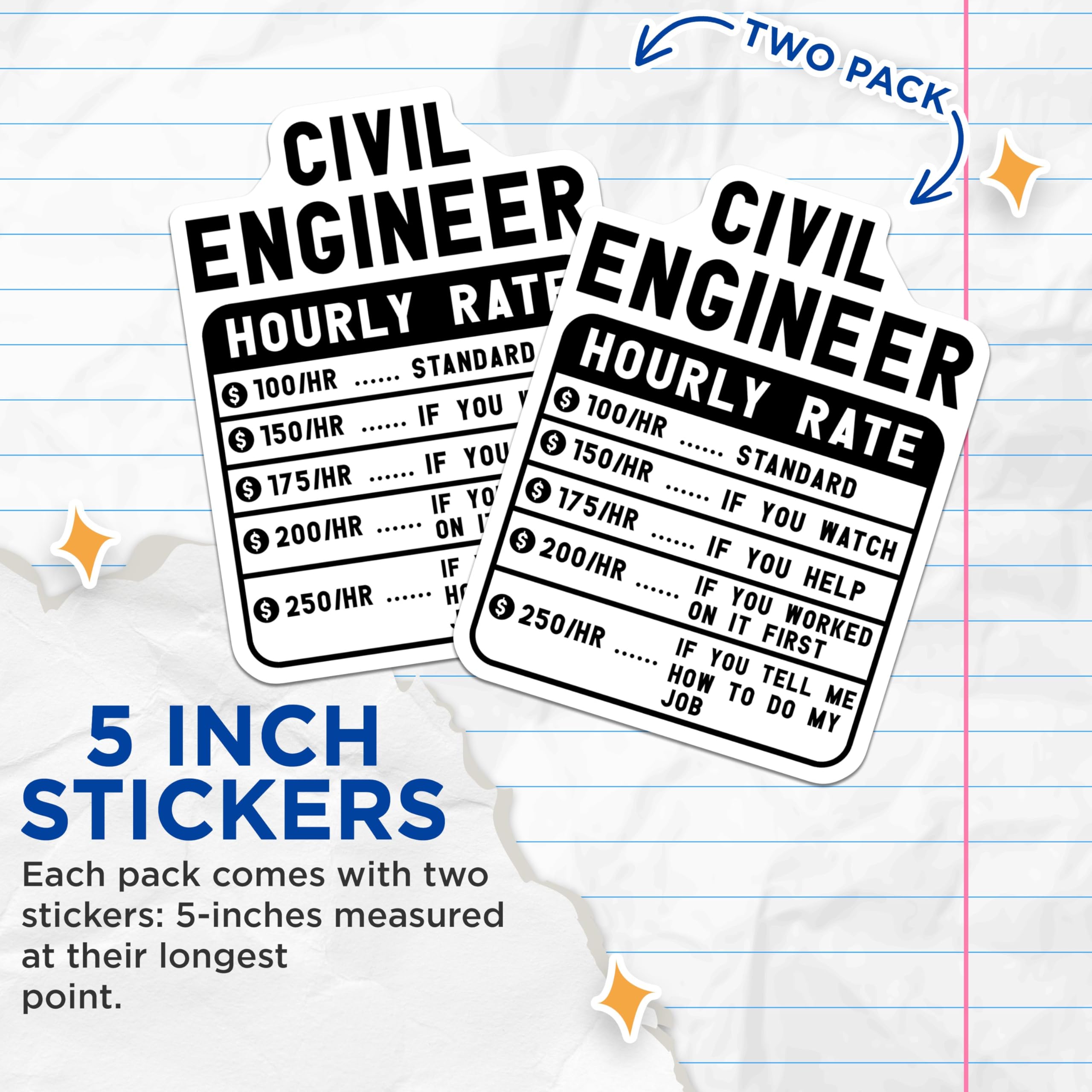 (2 Pack) Civil Engineer Hourly Rate Stickers - Engineer Job Rate Stickers - Funny Engineering Stickers - 5" On Longest Side - Sticks to Smooth Flat Surfaces - Made in USA - BMCS4931
