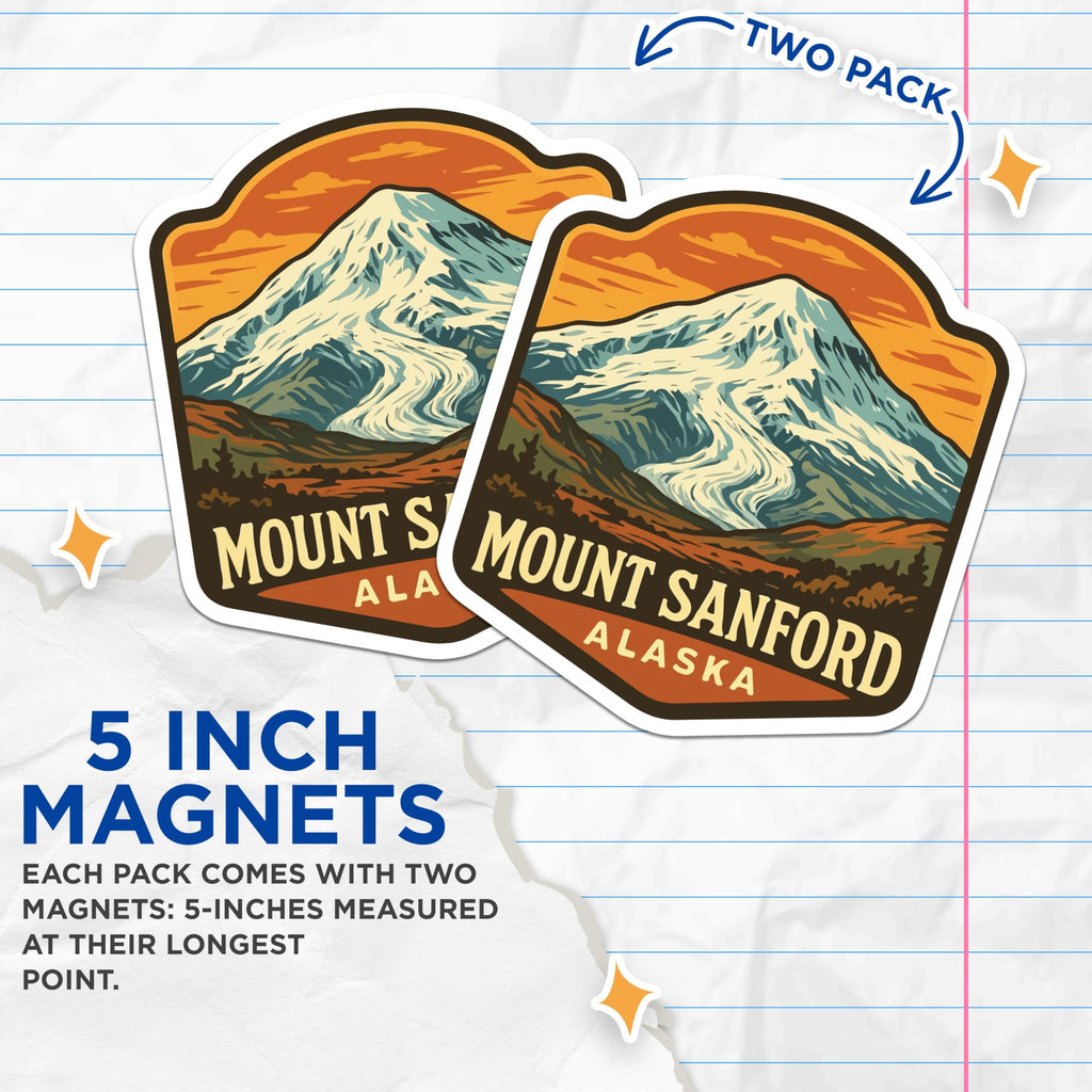(2 Pack) Mount Sanford Magnets - Alaska Mountain Landscape Art - Retro Travel Souvenir Decor - 5 Inches On Longest Side - Thick Durable Magnet - Made in USA - MAG20006