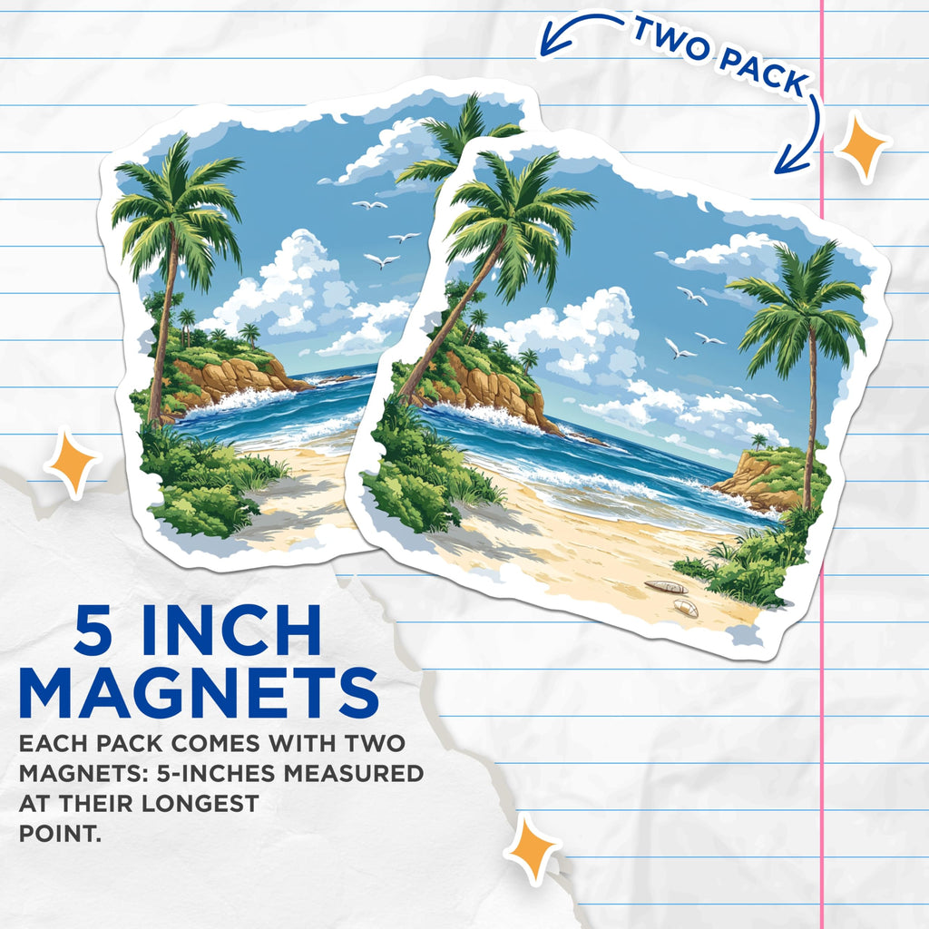 (2 Pack) Tropical Beach Scene Magnets - Ocean View Decor - Summer Vacation Memory - 5 Inches On Longest Side - Thick Durable Magnet - Made in USA - MAG28860