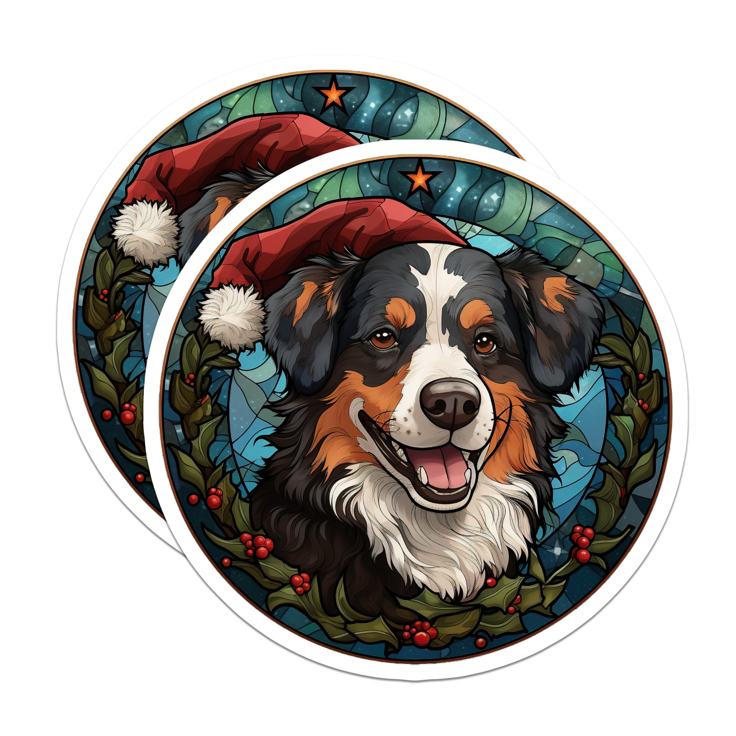 (2 Pack) Bernese Mountain Dog Magnets - Stained Glass Christmas Dog Decor - Holiday Refrigerator Pet - 5 Inches On Longest Side - Thick Durable Magnet - Made in USA - MAG28789
