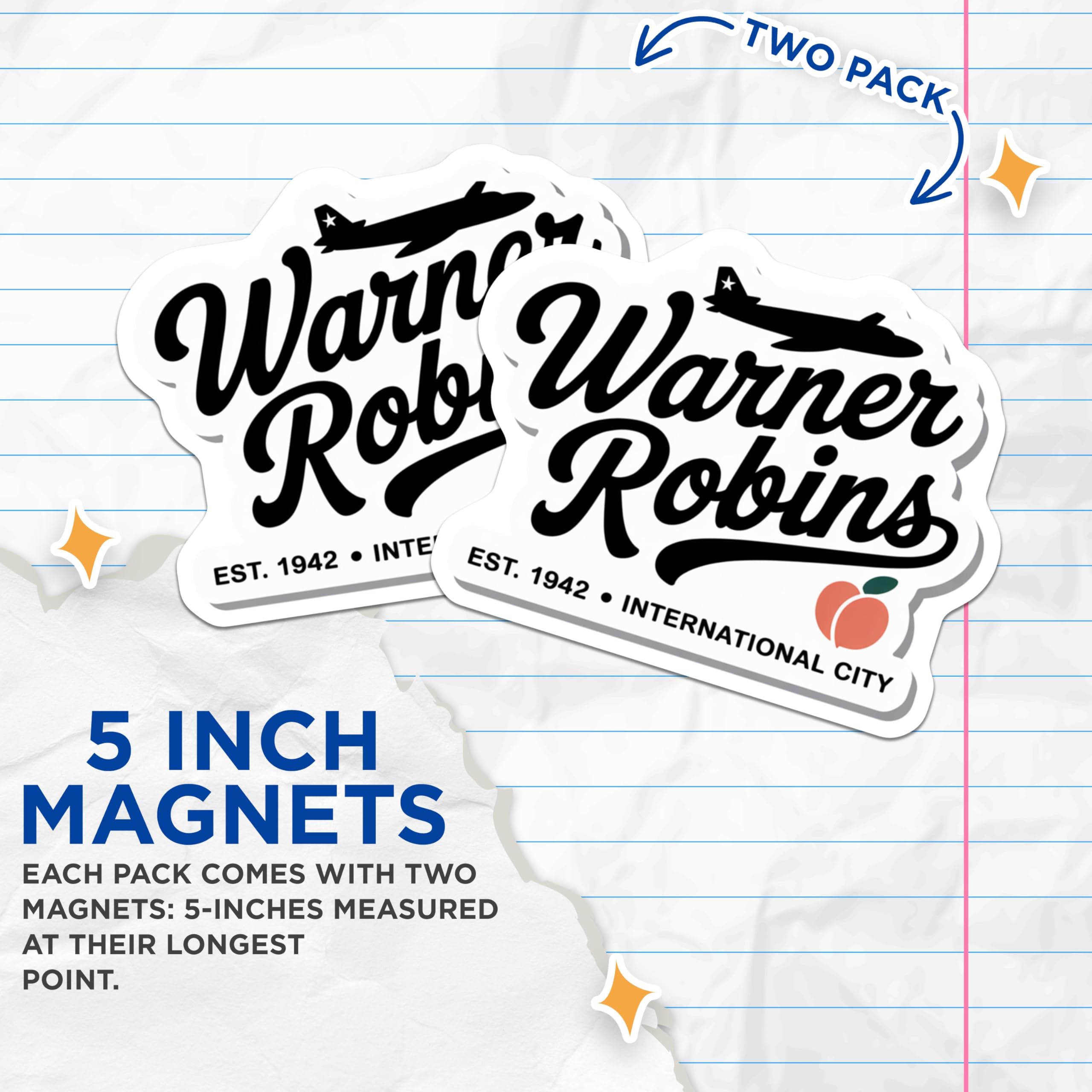 (2 Pack) Warner Robins Magnets - Georgia Peach Magnets - City Souvenir Magnets - 5" On Longest Side - Premium Magnet - for Cars, Refrigerators, Toolboxes, Lockers - Made in USA - MAG17769