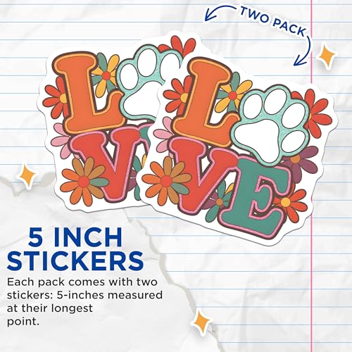 (2 Pack) Love Paw Print Stickers - Dog Lover Stickers - Cute Floral Animal Decals - 5" On Longest Side - Sticks to Smooth Flat Surfaces - Made in USA - BMCS7045