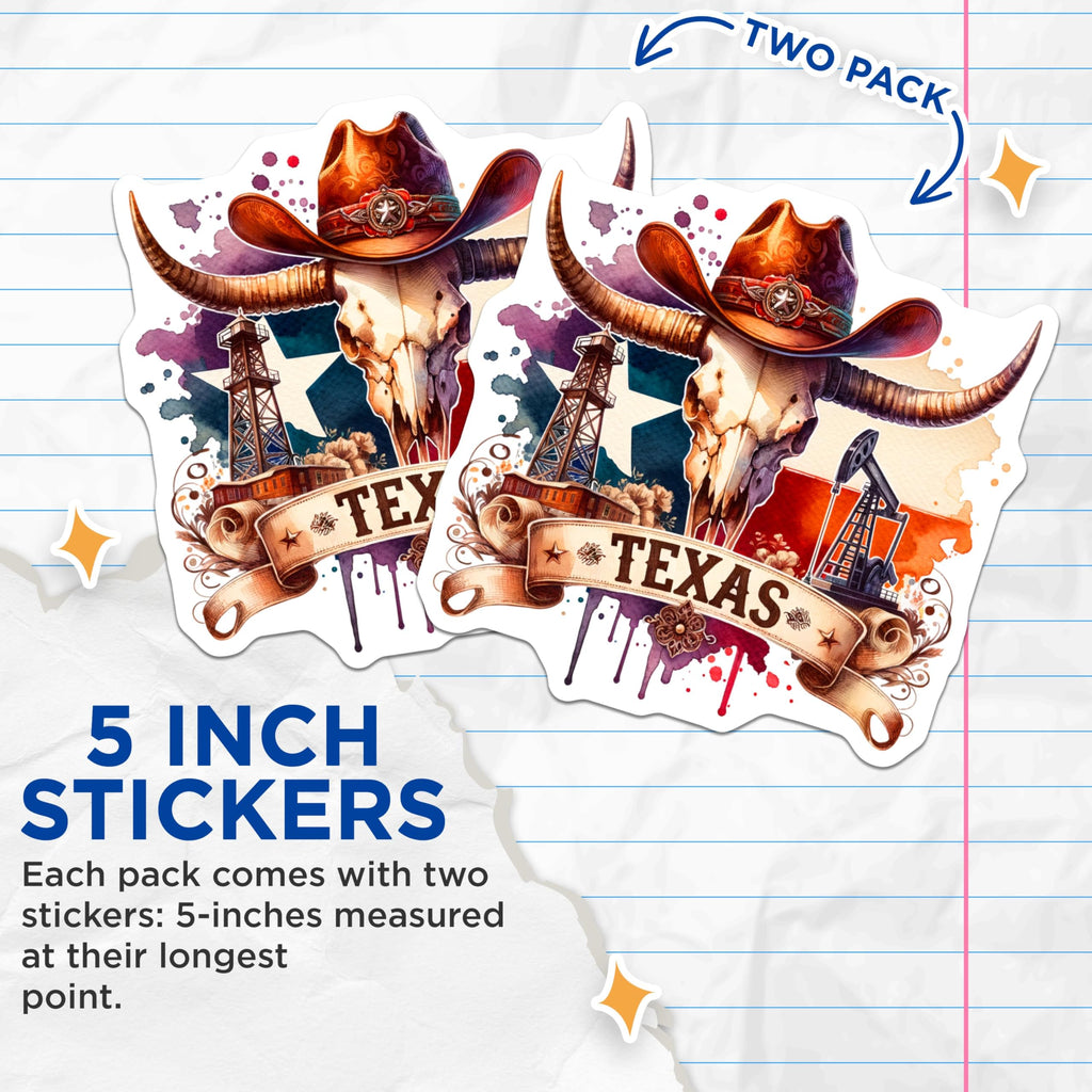 (2 Pack) Texas Cowboy Skull Stickers - Western Texas Art - Longhorn Oil Rig Design - 5" On Longest Side - Sticks to Smooth Flat Surfaces - Made in USA - BMCS6877
