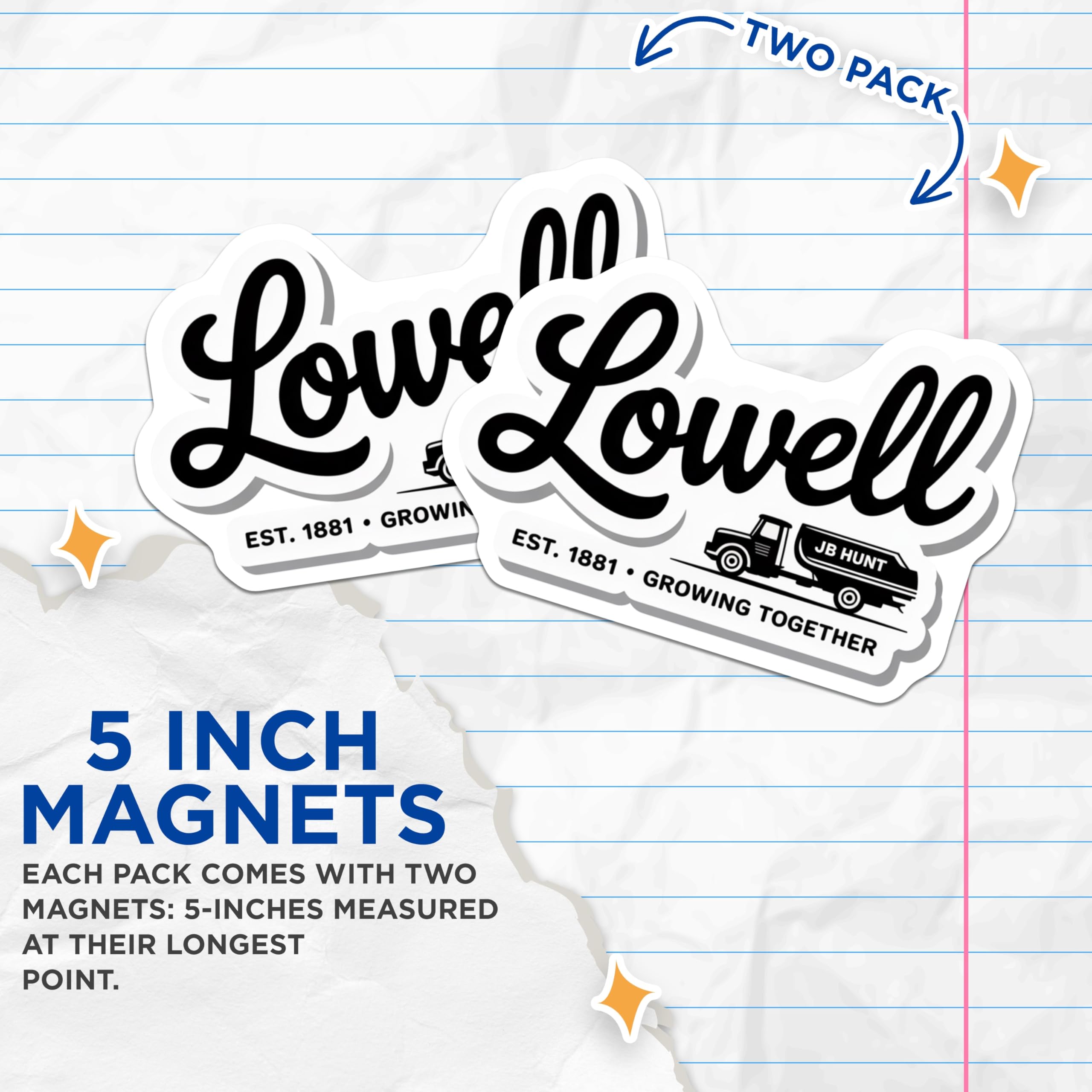 (2 Pack) Lowell JB Hunt Magnets - Historic Trucking Company Logo - Vintage Freight Logistics Art Est 1881-5 Inches On Longest Side - Thick Durable Magnet - Made in USA - MAG19244