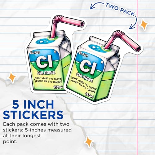 (2 Pack) Chlorine Element Stickers - Chemistry Humor - Science Lover - 5" On Longest Side - Sticks to Smooth Flat Surfaces - Made in USA - BMCS8019