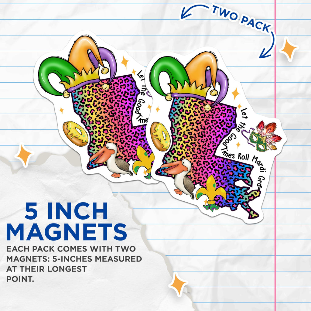 (2 Pack) Mardi Gras Louisiana State Map Magnets - Carnival Themed Magnets - New Orleans Mardi Gras Magnets - 5" On Longest Side - for Cars, Fridges, Toolboxes - Made in USA - MAG3662