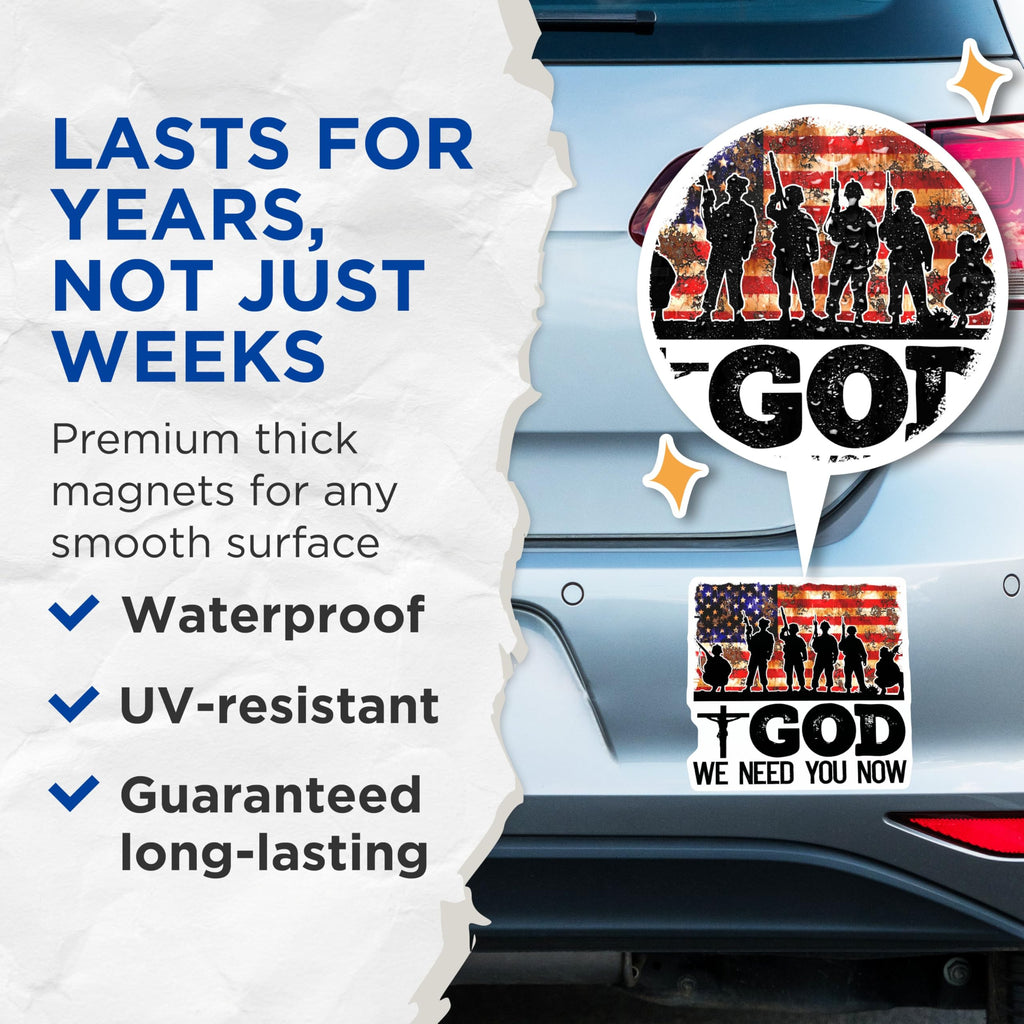 (2 Pack) God We Need You Now Magnets - Patriotic Soldier Silhouette - 5" On Longest Side - for Cars, Fridges, Toolboxes - Made in USA - MAG5613