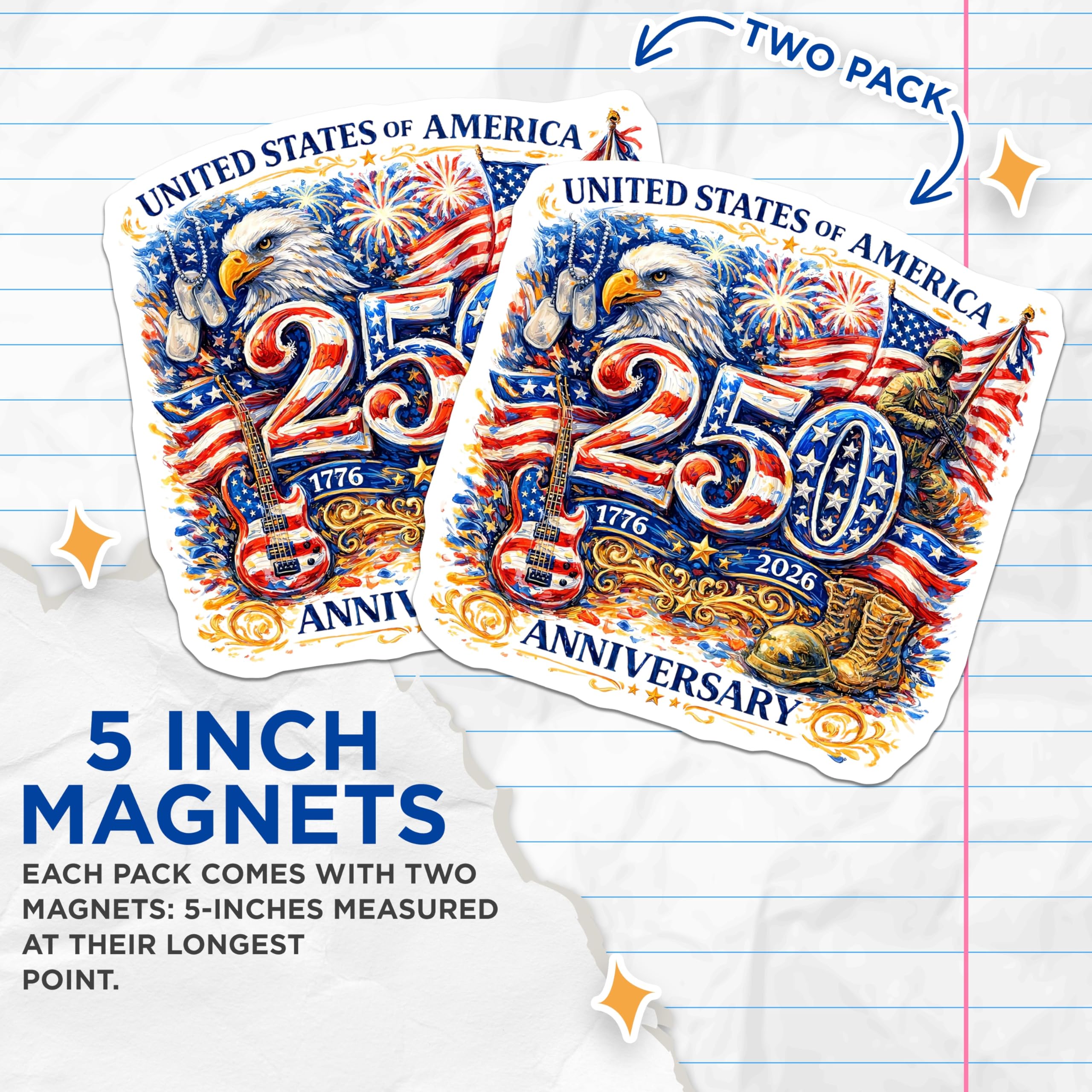(2 Pack) 250th Anniversary USA Magnets - Patriotic Military Eagle Flag - Veteran American History Fridge Decor - 5 Inches On Longest Side - Thick Durable Magnet - Made in USA - MAG27450
