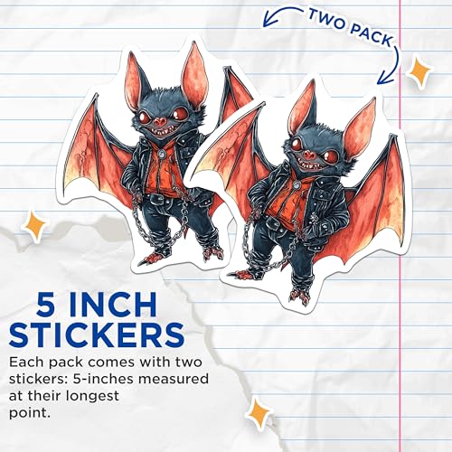 (2 Pack) Bat Goth Stickers - Cute Bat Art - Gothic Bat Character - 5" On Longest Side - Sticks to Smooth Flat Surfaces - Made in USA - BMCS9497