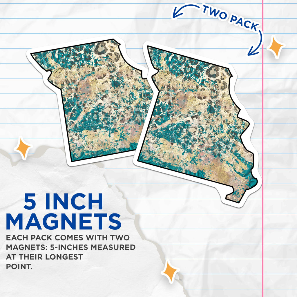 (2 Pack) Missouri State Outline Magnets - Teal Leopard Print Home Decor Accent - Distressed Abstract Map Souvenir Collectible - 5 Inches On Longest Side - Thick Durable Magnet - Made in USA - MAG19373