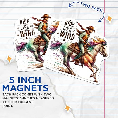 (2 Pack) Ride Like The Wind Magnets - Wild West Theme - Cowboy Horse Rider Art - 5" On Longest Side - for Cars, Fridges, Toolboxes - Made in USA - MAG6920