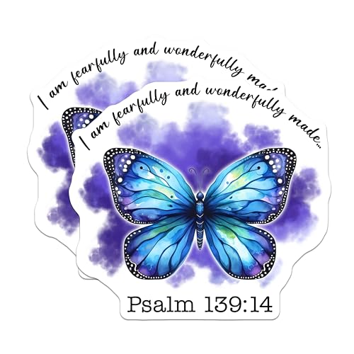 (2 Pack) Inspirational Butterfly Stickers - Psalm 139:14 - Religious Quote Stickers - 5" On Longest Side - Sticks to Smooth Flat Surfaces - Made in USA - BMCS9739
