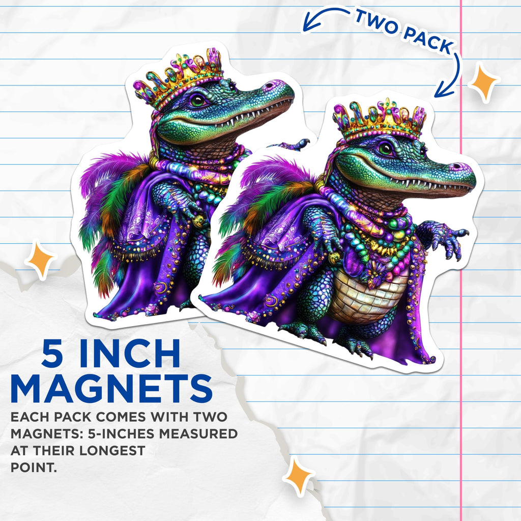 (2 Pack) Mardi Gras Alligator Magnets - King Gator Decor - Festive Fridge Art - 5" On Longest Side - Premium Magnet - for Cars, Refrigerators, Toolboxes, Lockers - Made in USA - MAG15833