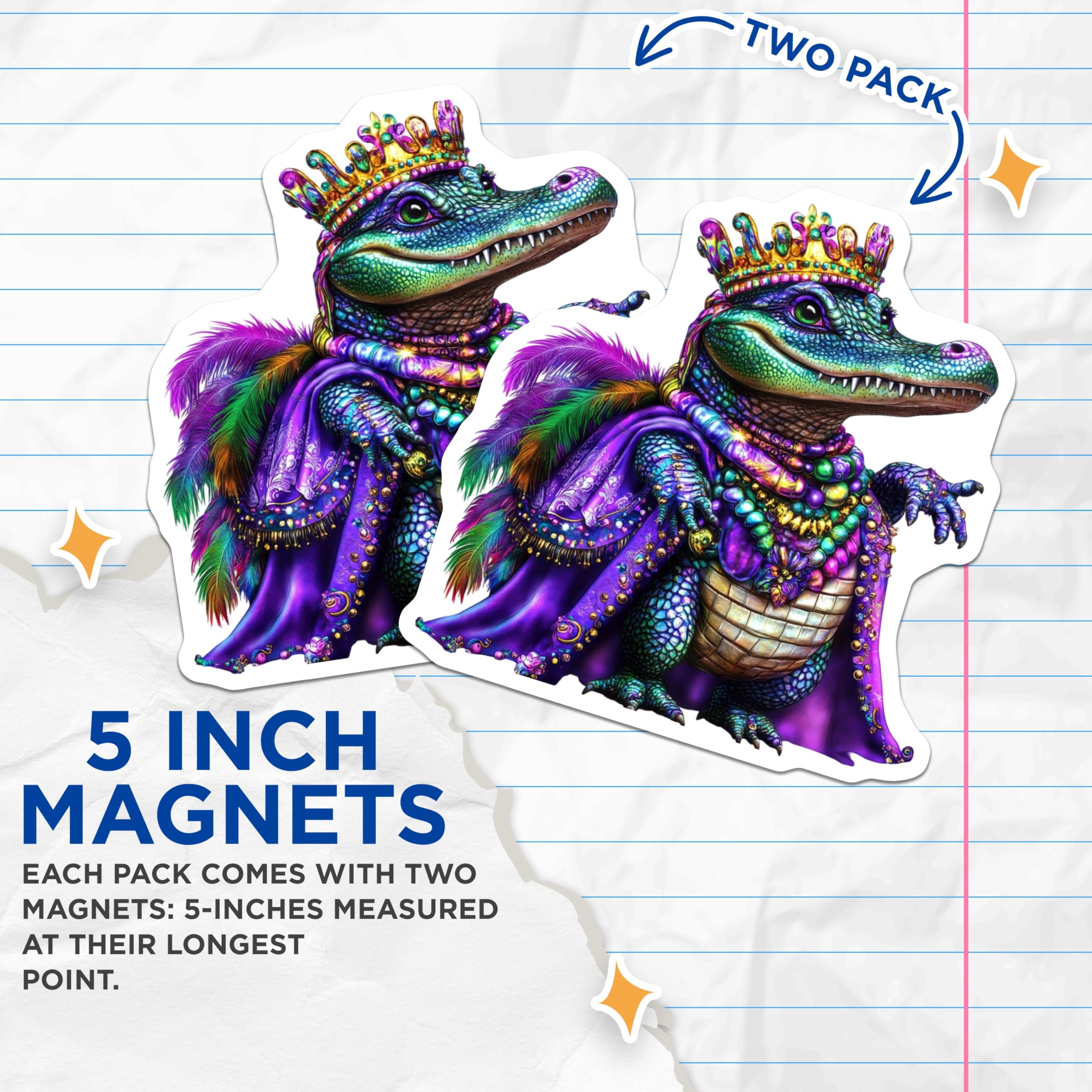 (2 Pack) Mardi Gras Alligator Magnets - King Gator Decor - Festive Fridge Art - 5" On Longest Side - Premium Magnet - for Cars, Refrigerators, Toolboxes, Lockers - Made in USA - MAG15833