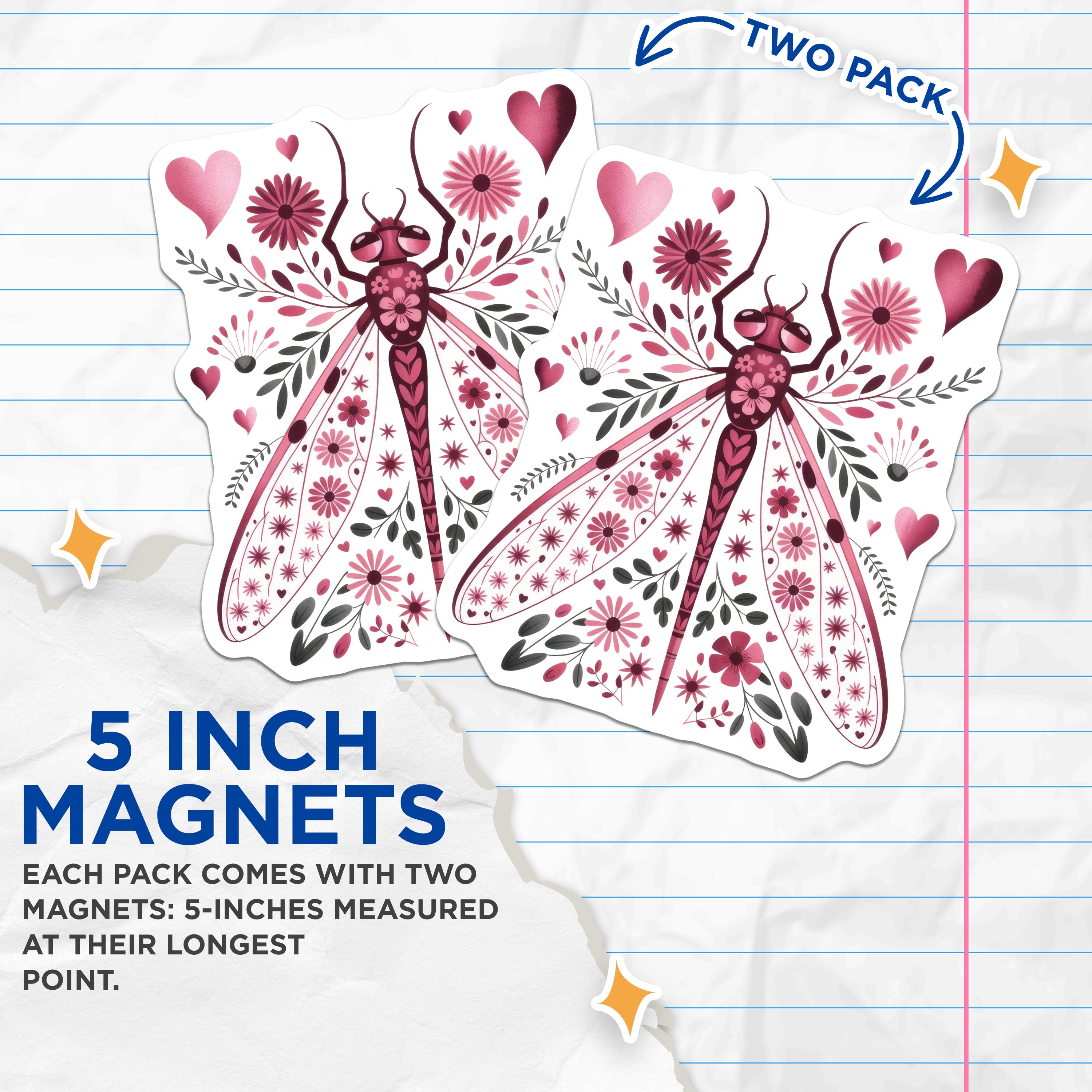 (2 Pack) Floral Dragonfly Magnets - Whimsical Nature Decor - Folk Art Garden Insect Fridge Locker - 5 Inches On Longest Side - Thick Durable Magnet - Made in USA - MAG36661