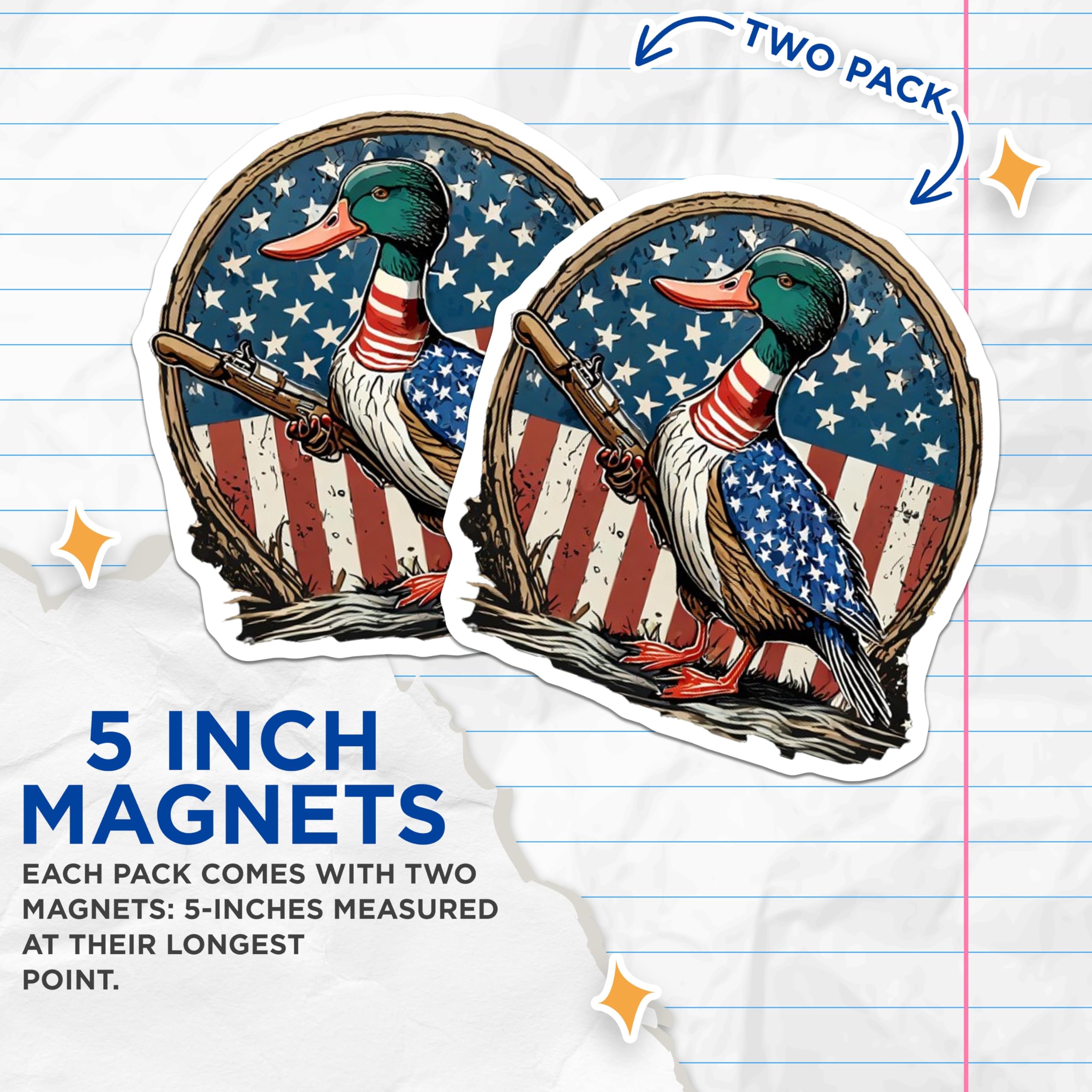 (2 Pack) Patriotic Duck Magnets - American Flag Rifle Hunter - USA Wildlife Vehicle Decor - 5 Inches On Longest Side - Thick Durable Magnet - Made in USA - MAG20525
