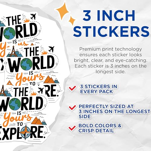 (3 Pack) World Traveler Decals - Explore Adventure - Travel The World Decal - 3 Inches On Longest Side - Easy Peel & Apply - Made in USA - 3MCS4574