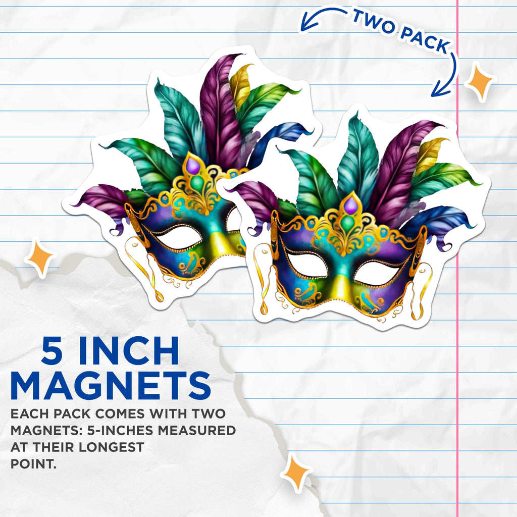 (2 Pack) Masquerade Mask Magnets - Colorful Feather Masks - Party Favors Magnets - 5" On Longest Side - Premium Magnet - for Cars, Refrigerators, Toolboxes, Lockers - Made in USA - MAG15810