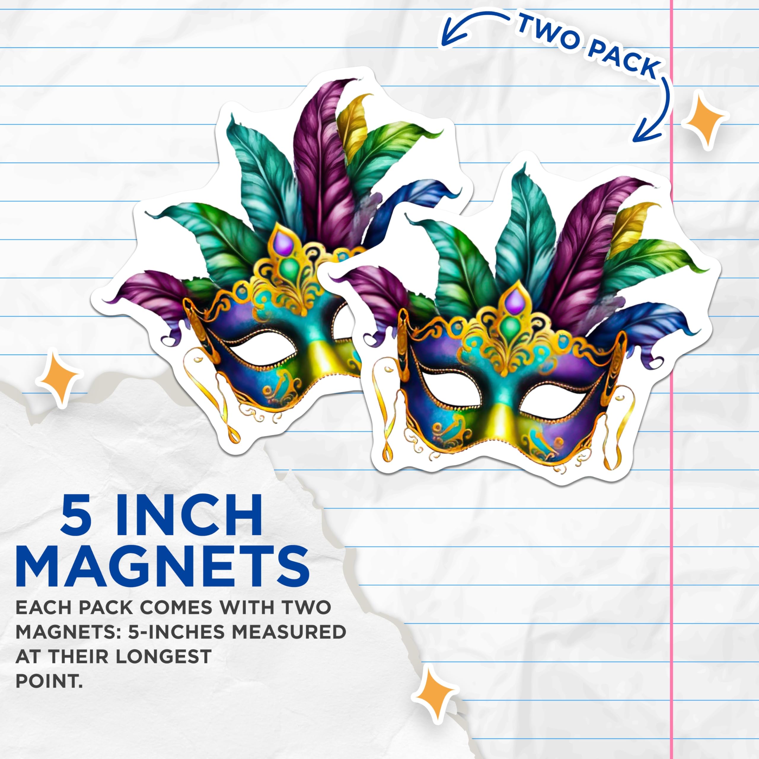 (2 Pack) Masquerade Mask Magnets - Colorful Feather Masks - Party Favors Magnets - 5" On Longest Side - Premium Magnet - for Cars, Refrigerators, Toolboxes, Lockers - Made in USA - MAG15810