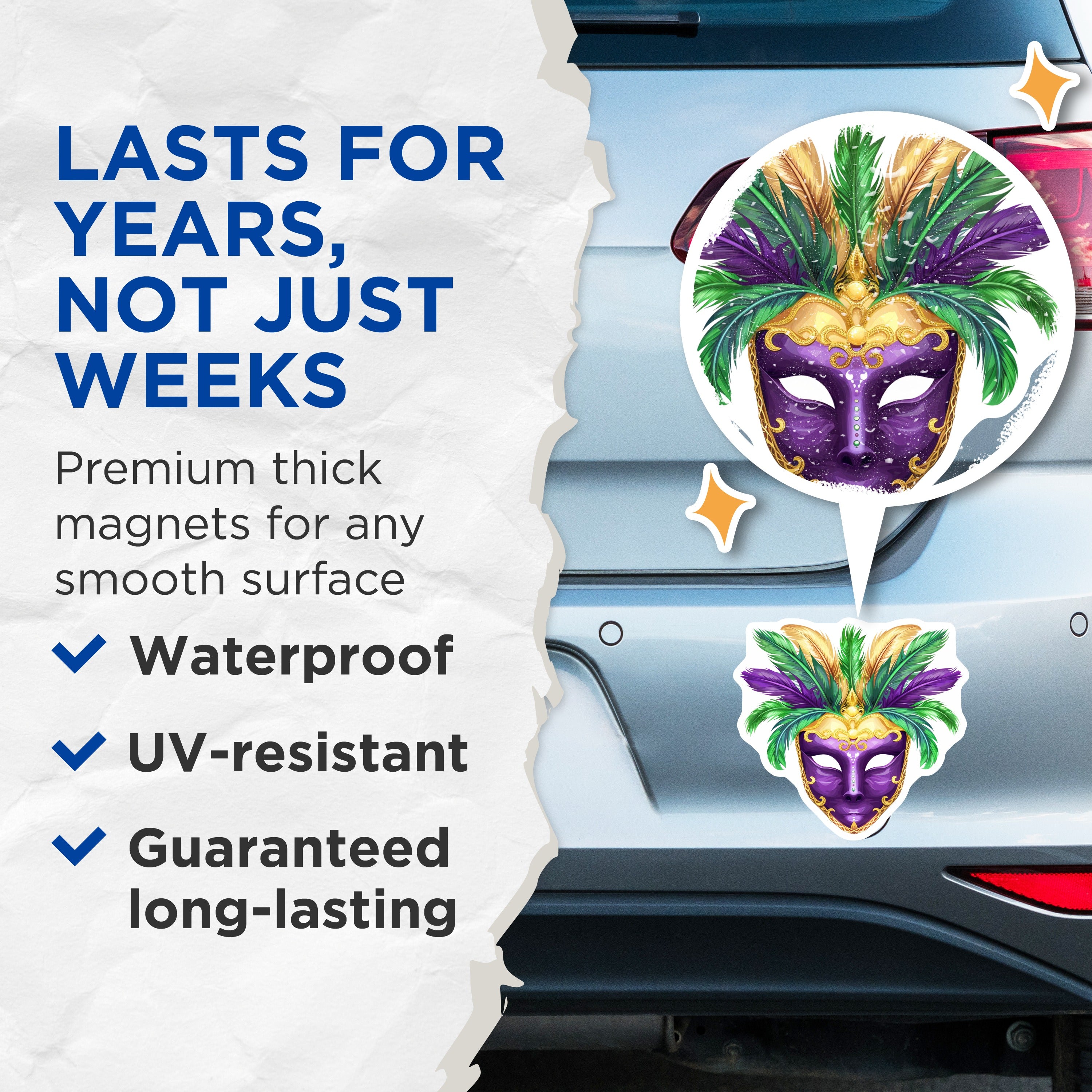 (2 Pack) Mardi Gras Mask Magnets - Masquerade Party Accent - New Orleans Festival Souvenir - Purple Green Gold Feather Display - 5" - Thick Durable Magnet - Made in USA - MAG39408
