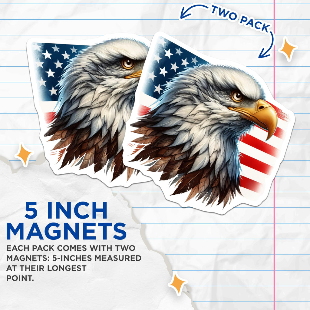 (2 Pack) American Bald Eagle Head Magnets - Majestic USA Flag Decor - Patriotic National Bird Symbol Display - 5 Inches On Longest Side - Thick Durable Magnet - Made in USA - MAG20269