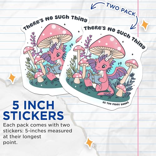 (2 Pack) Cute Dragon Stickers - Reading Dragon - Book Lover Stickers - Mushroom Forest Art - Whimsical Art Stickers - 5" On Longest Side - Sticks to Smooth Flat Surfaces - Made in USA - BMCS3988