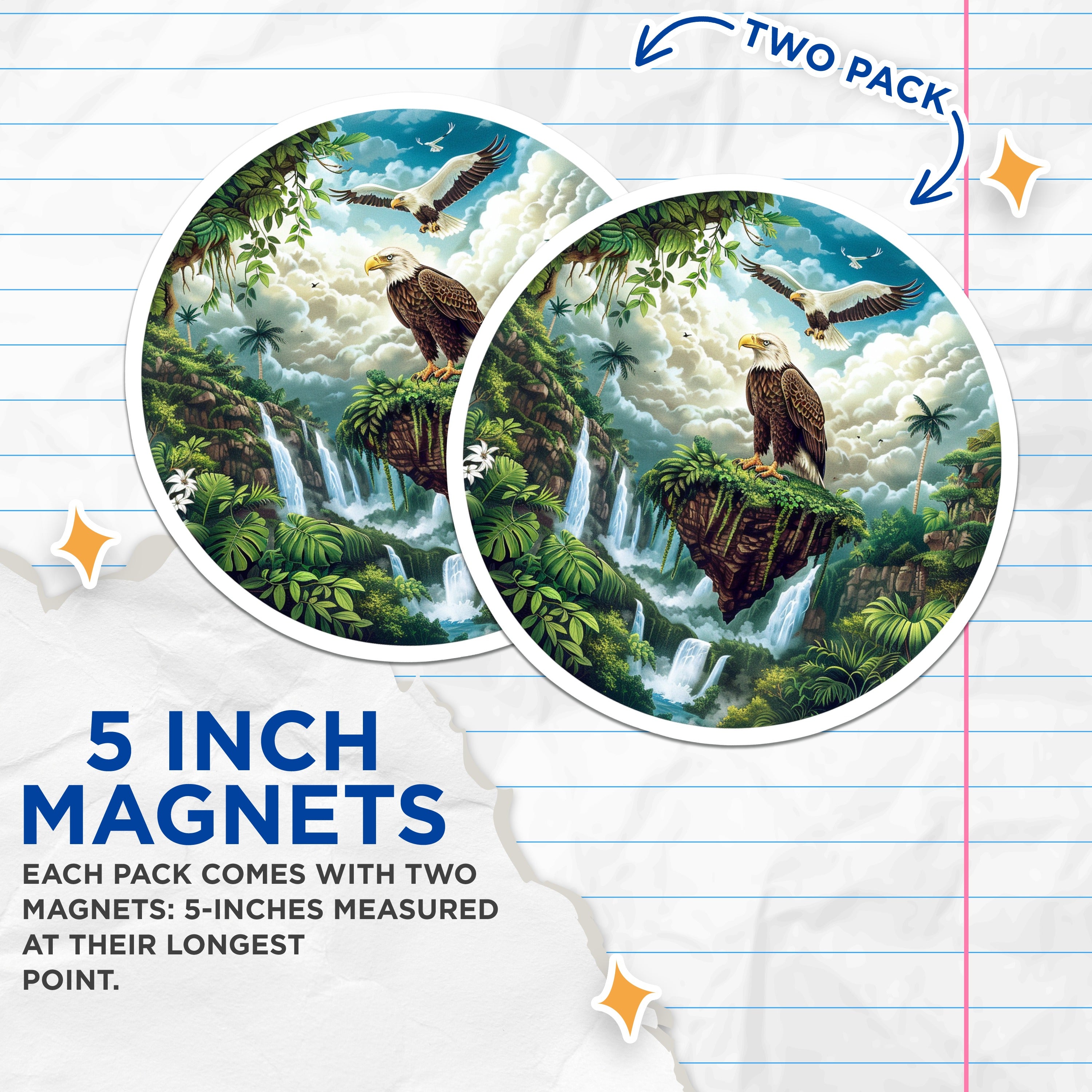 (2 Pack) Majestic Eagle Magnets - Jungle Waterfall Scene - Nature Lover Decor for Men - Wildlife Fridge Locker Magnet - 5 Inches On Longest Side - Thick Durable Magnet - Made in USA - MAG36334