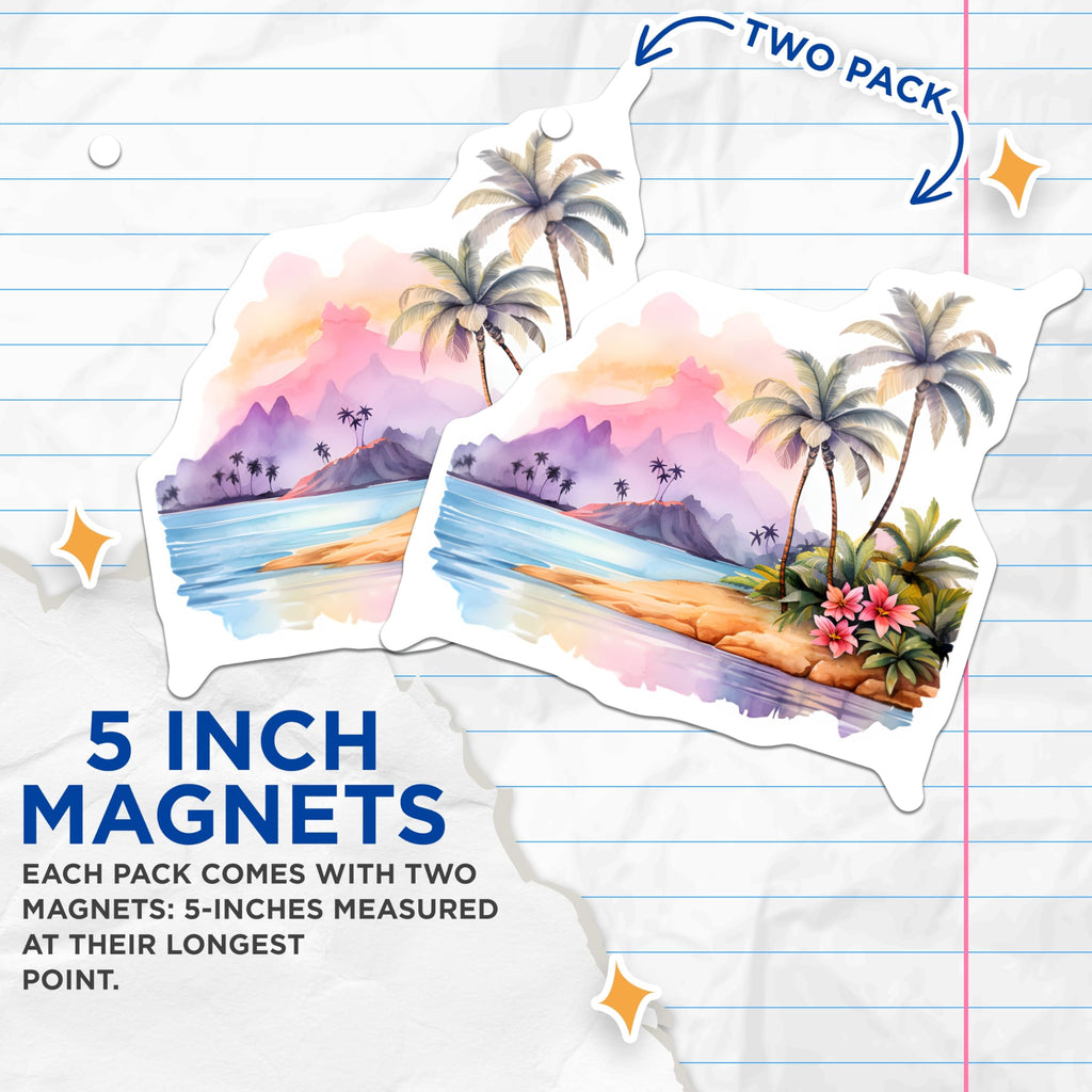 (2 Pack) Tropical Island Magnets - Watercolor Beach Scene - Paradise Decor Vibe - 5 Inches On Longest Side - Thick Durable Magnet - Made in USA - MAG19563