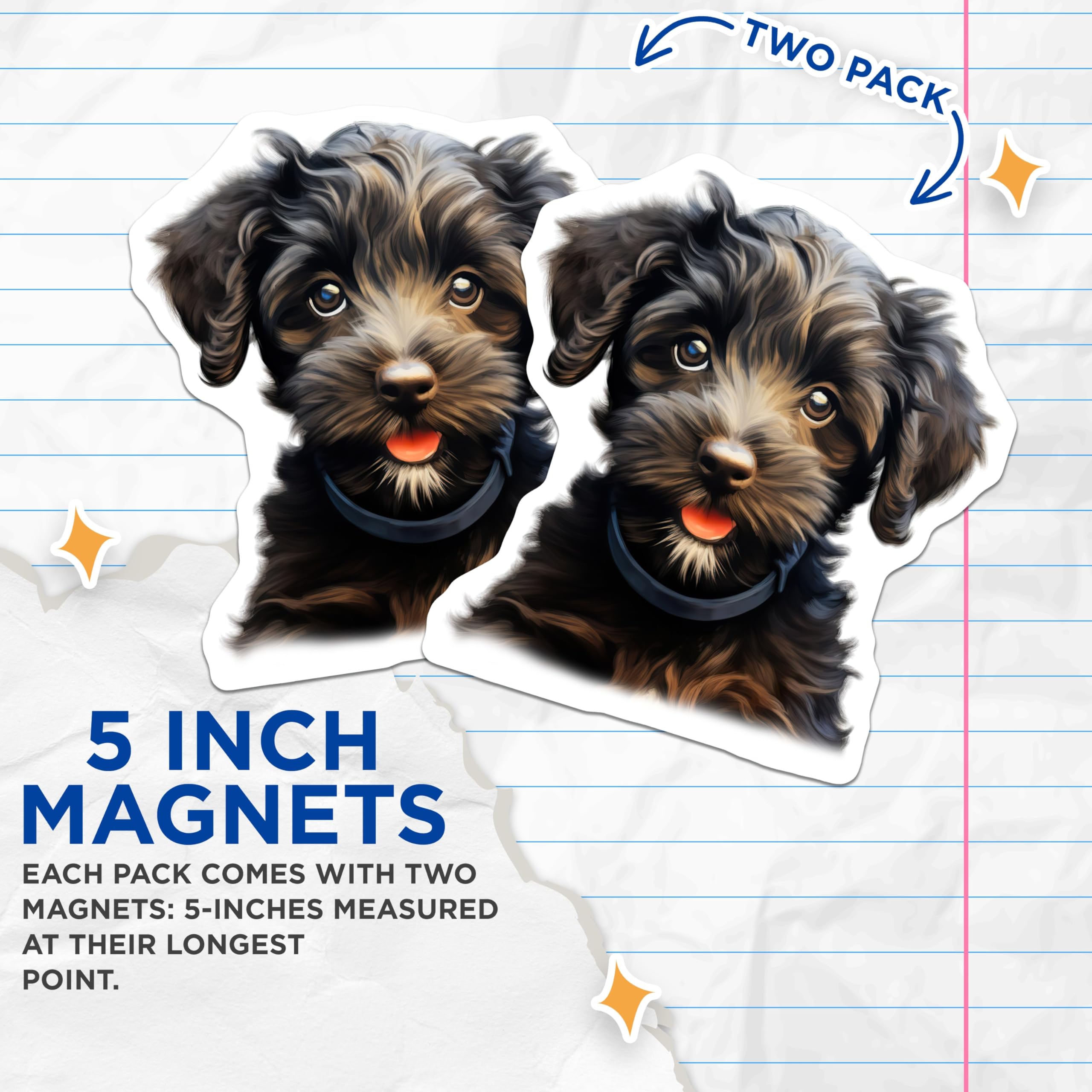 (2 Pack) Fluffy Puppy Magnets - Cute Doodle Dog Art - Pet Lover Fridge Decor - 5 Inches On Longest Side - Thick Durable Magnet - Made in USA - MAG29220