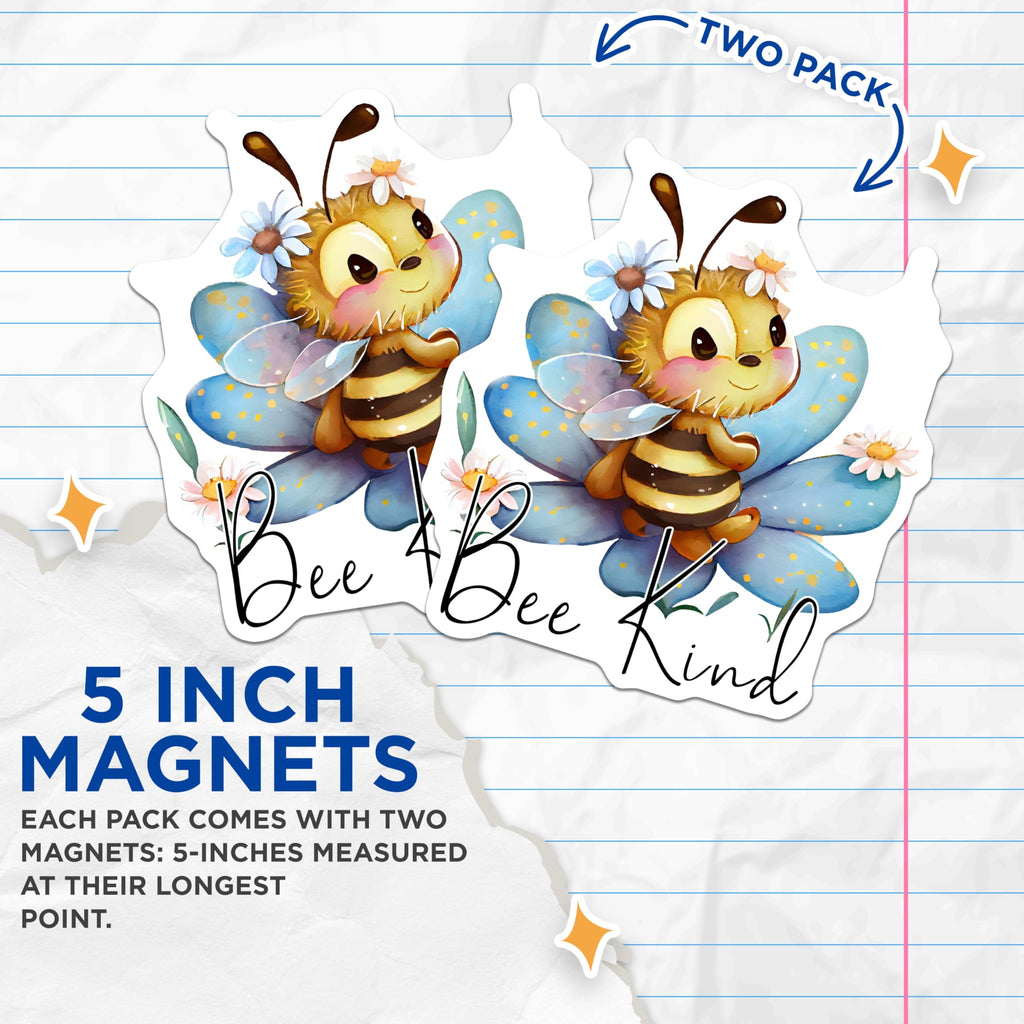(2 Pack) Bee Kind Magnets - Cute Bumble Bee Decor - Inspirational Message Magnets - 5" On Longest Side - Premium Magnet - for Cars, Refrigerators, Toolboxes, Lockers - Made in USA - MAG16746