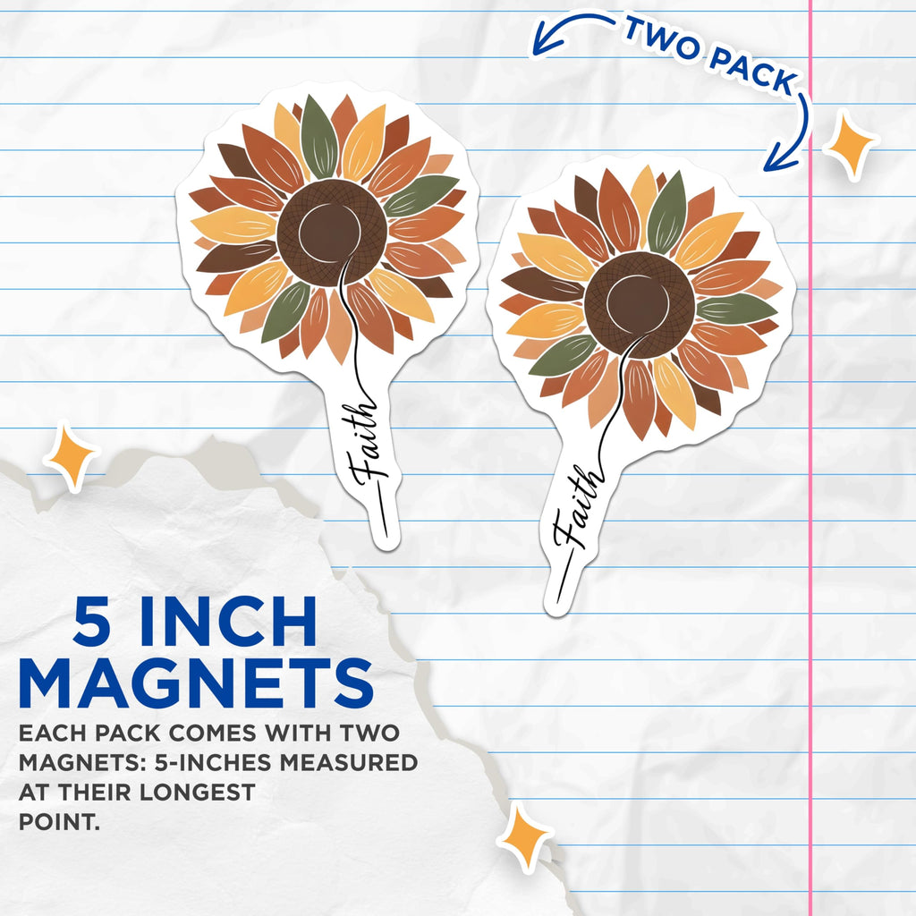 (2 Pack) Sunflower Faith Magnets - Rustic Autumn Decor - Inspirational Floral Magnets - 5" On Longest Side - Premium Magnet - for Cars, Refrigerators, Toolboxes, Lockers - Made in USA - MAG18350
