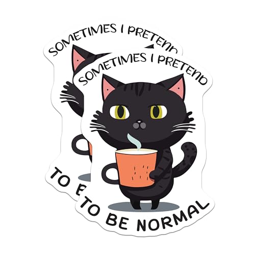 (2 Pack) Funny Cat Stickers - Sometimes I Pretend to Be Normal - Cute Black Cat Mug Sticker - 5" On Longest Side - Sticks to Smooth Flat Surfaces - Made in USA - BMCS5947