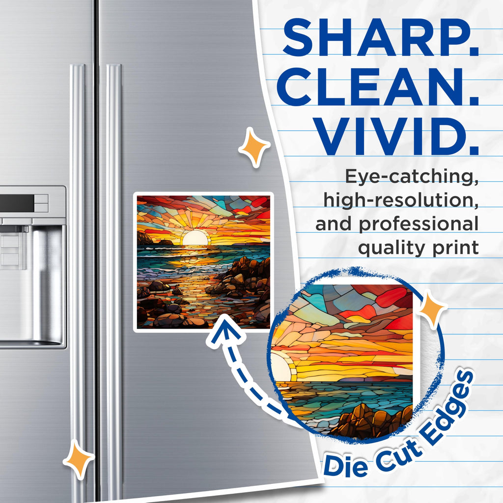 (2 Pack) Stained Glass Sunset Magnets - Ocean Beach Decor - Coastal Landscape Art - Refrigerator Accessory - 5 Inches On Longest Side - Thick Durable Magnet - Made in USA - MAG27567