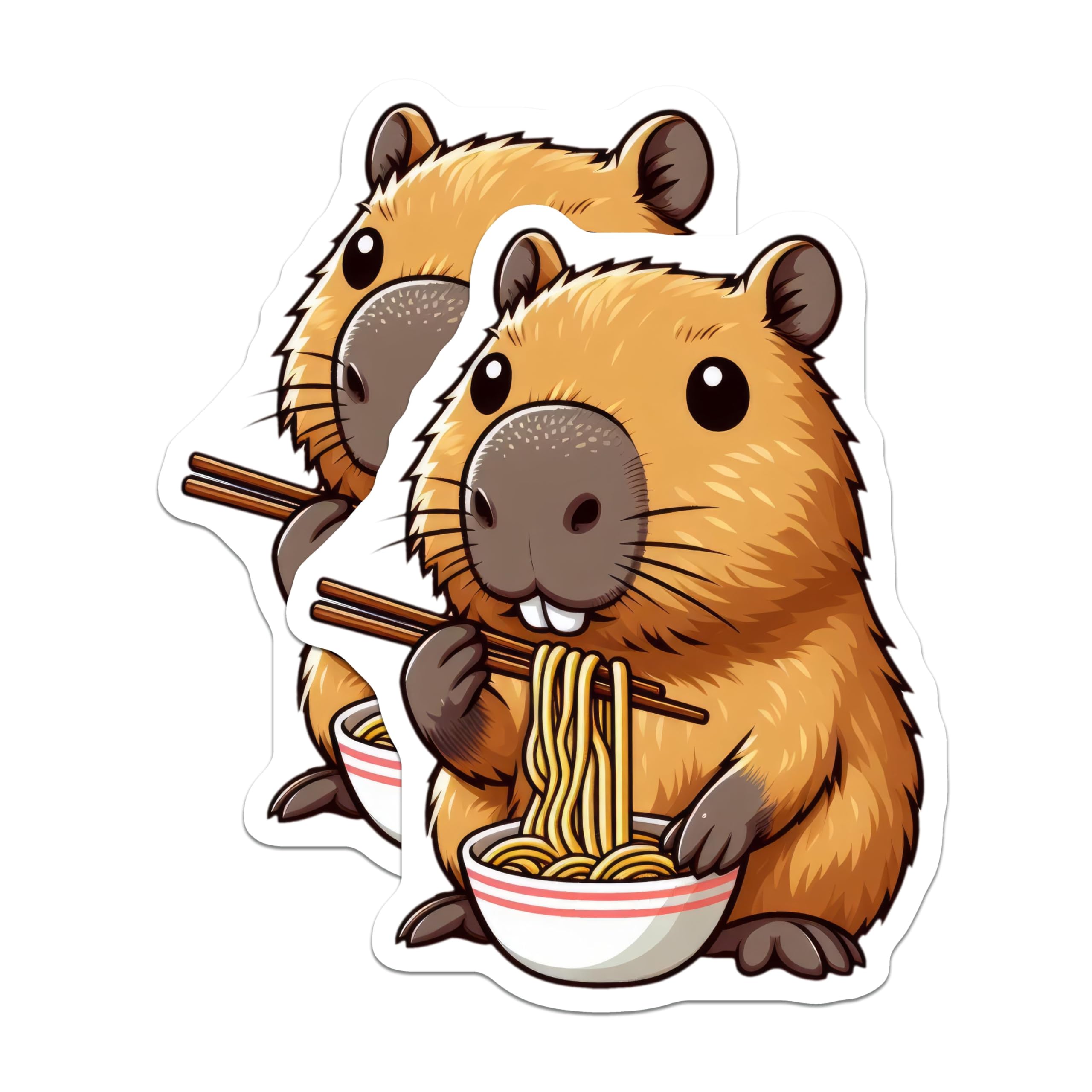 (2 Pack) Adorable Capybara Eating Noodles Stickers - Cute Animal Art - Illustrated Foodie Sticker - 5" On Longest Side - Sticks to Smooth Flat Surfaces - Made in USA - BMCS9920
