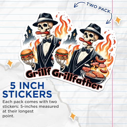 (2 Pack) Grillfather Funny BBQ Stickers - Skeleton Chef - Grill Master Humor - Barbecue King - Outdoor Grilling Fun - 5" On Longest Side - Sticks to Smooth Flat Surfaces - Made in USA - BMCS7456