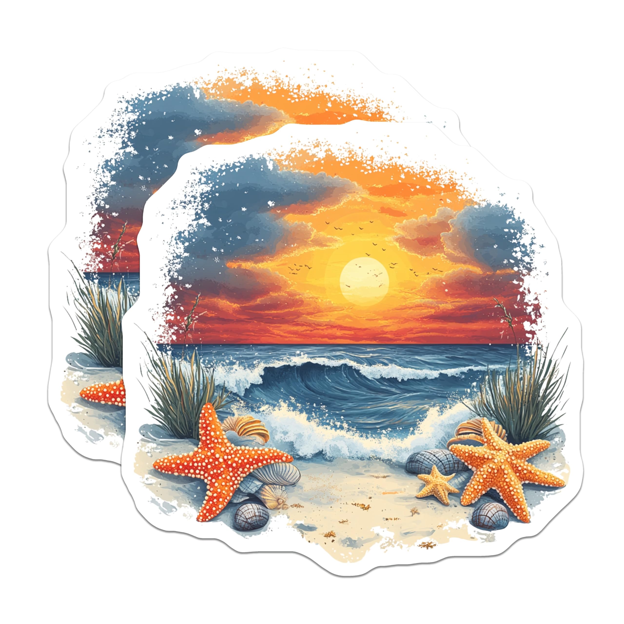 (2 Pack) Sunset Beach Magnets - Ocean Wave Decor - Starfish Coastal Art - 5 Inches On Longest Side - Thick Durable Magnet - Made in USA - MAG26749