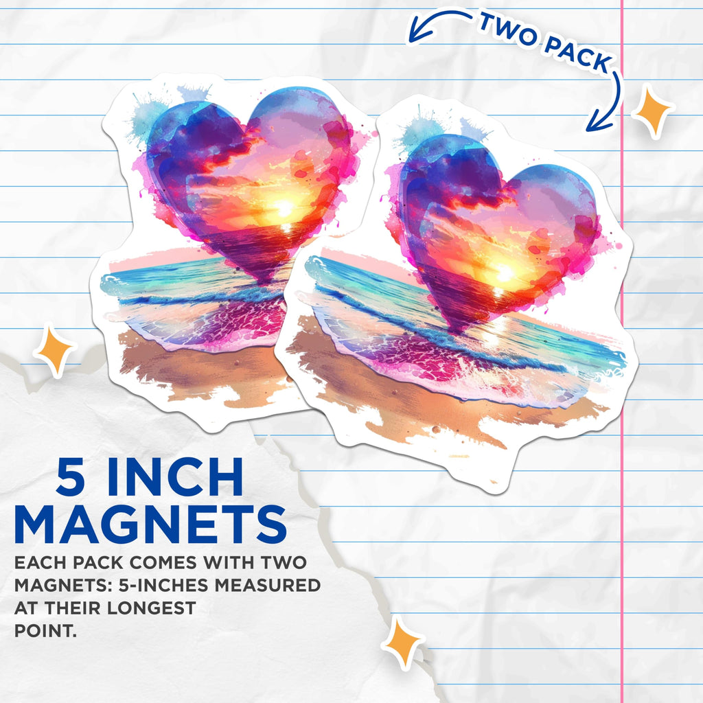 (2 Pack) Beach Sunset Heart Magnets - Coastal Decor Accent - Ocean Lover Refrigerator Art - 5 Inches On Longest Side - Thick Durable Magnet - Made in USA - MAG28320