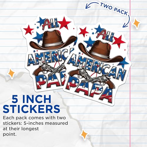 (2 Pack) All American Papa Stickers - Cowboy Hat - Star Guns - 5" On Longest Side - Sticks to Smooth Flat Surfaces - Made in USA - BMCS8498