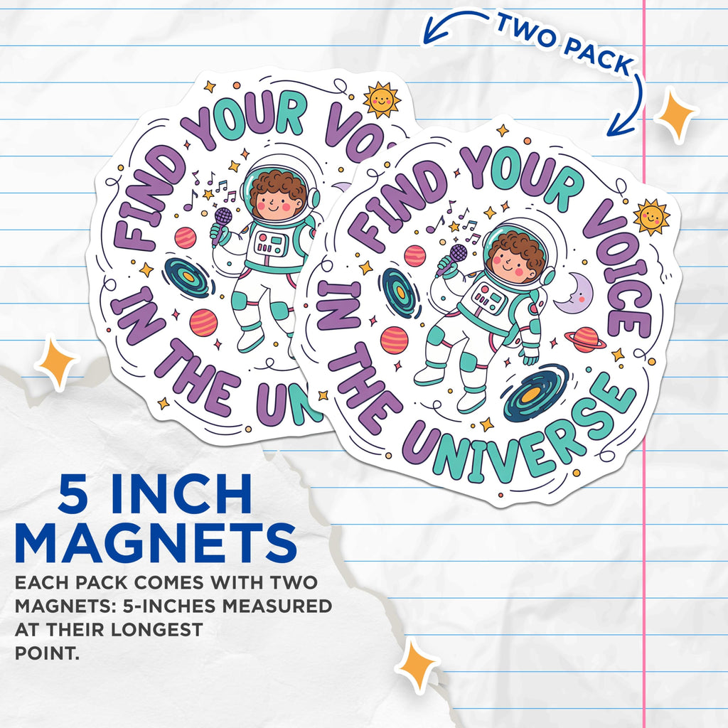 (2 Pack) Astronaut Magnets - Find Your Voice in Universe - Singing Space Decor Art - 5 Inches On Longest Side - Thick Durable Magnet - Made in USA - MAG20696