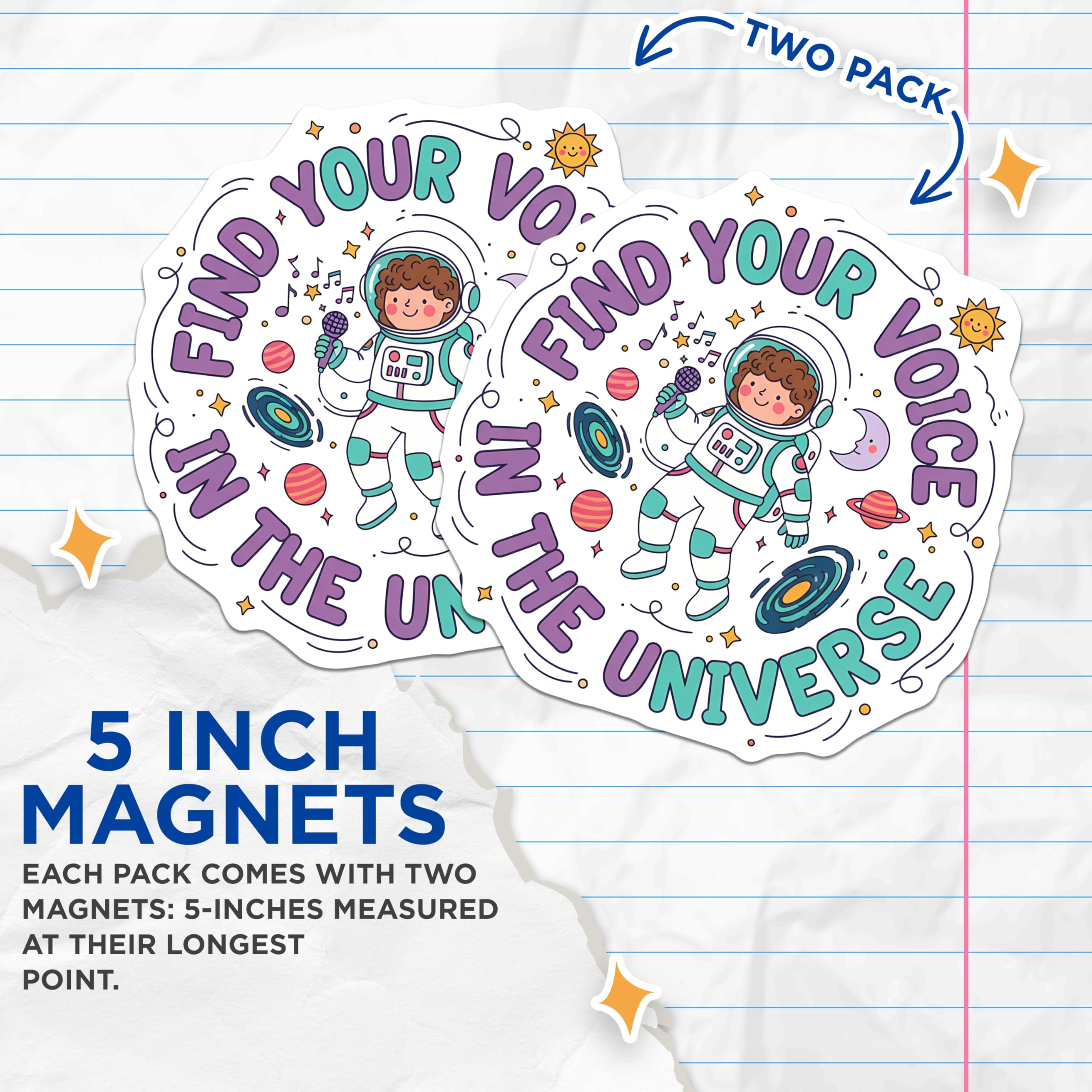 (2 Pack) Astronaut Magnets - Find Your Voice in Universe - Singing Space Decor Art - 5 Inches On Longest Side - Thick Durable Magnet - Made in USA - MAG20696
