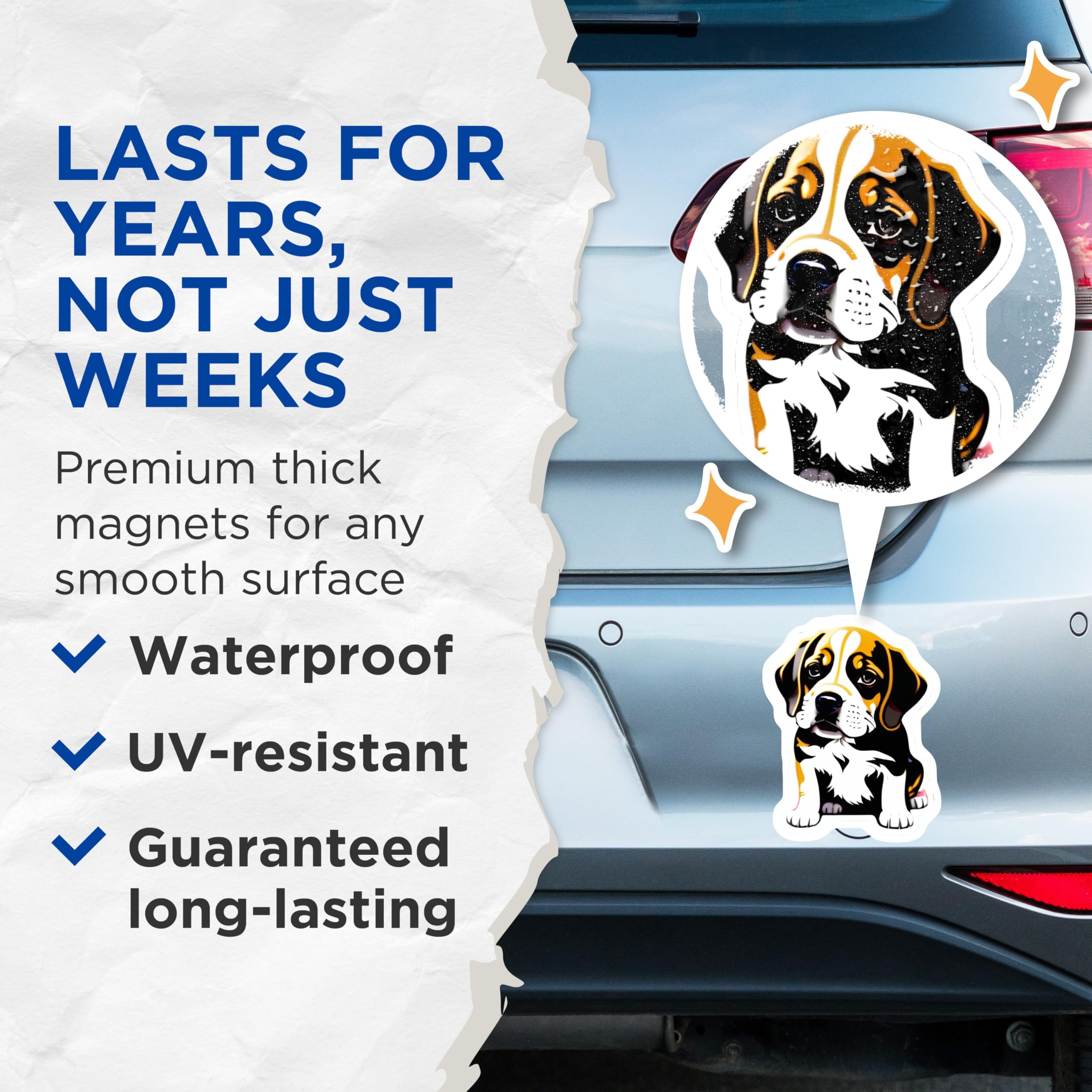 (2 Pack) Adorable Beagle Puppy Magnets - Tri Color Hound Dog Art - Pet Lover Refrigerator Locker Decor - 5 Inches On Longest Side - Thick Durable Magnet - Made in USA - MAG21484