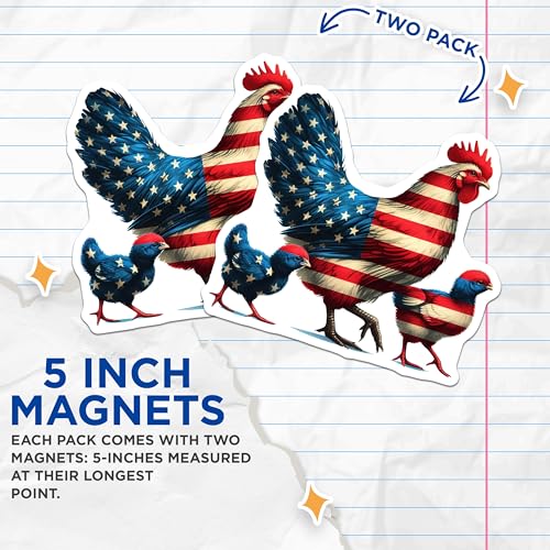 (2 Pack) Patriotic Rooster Magnets - American Flag Design - Chicken Decor - Farmhouse Tractor Decor - 5" On Longest Side - for Cars, Fridges, Toolboxes - Made in USA - MAG7230