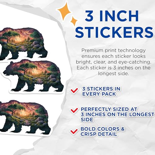 (3 Pack) Bear Decals - Landscape Decals - Laptop Decal- 3 Inches On Longest Side - Easy Peel & Apply - Made in USA - 3MCS5835