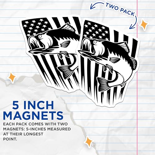 (2 Pack) Bass Fishing Magnets - American Flag Magnets - Fish Lover Magnets - 5" On Longest Side - for Cars, Fridges, Toolboxes - Made in USA - MAG3993