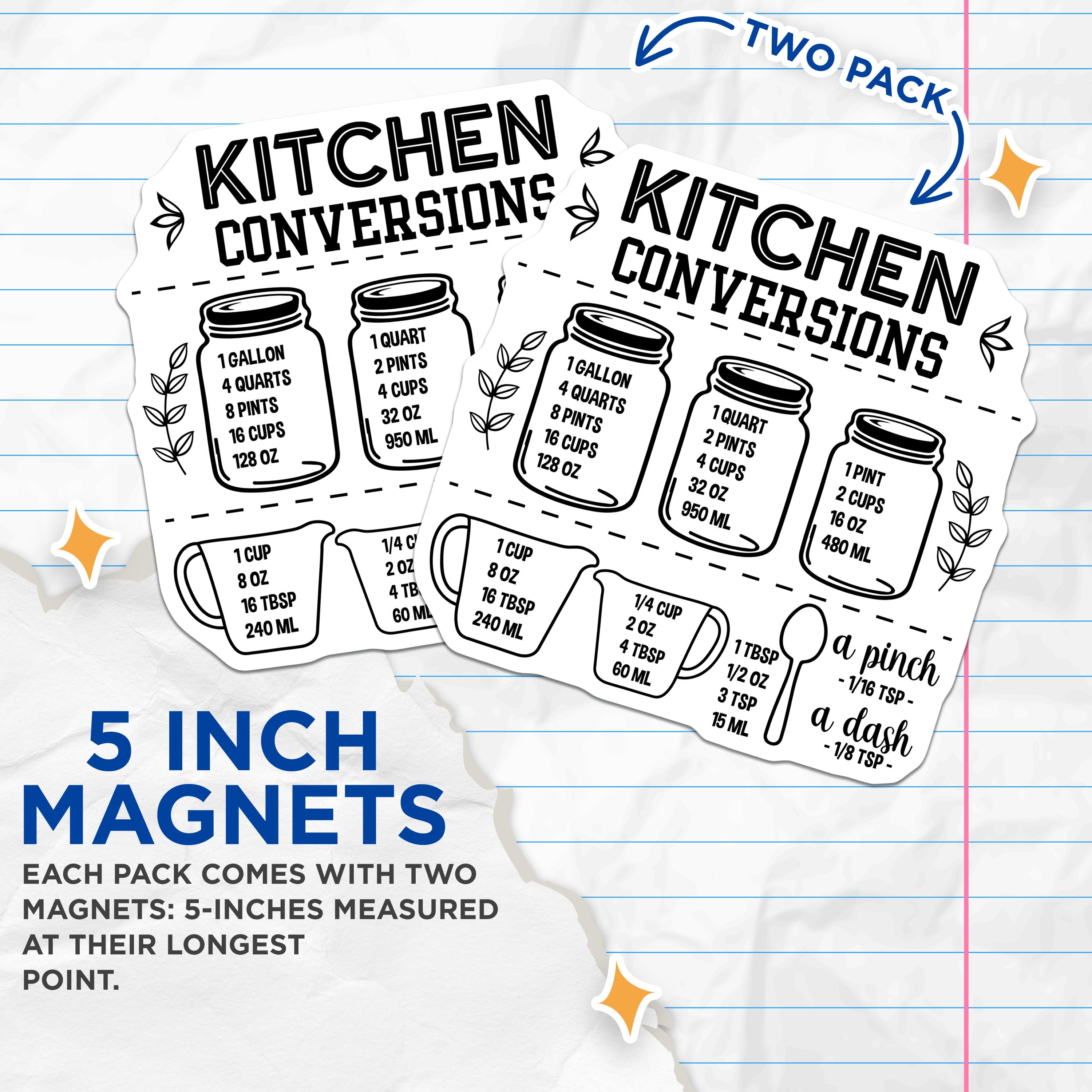 (2 Pack) Kitchen Conversion Magnets - Cooking Measurements Guide - Baking Reference Chart - 5 Inches On Longest Side - Thick Durable Magnet - Made in USA - MAG39013