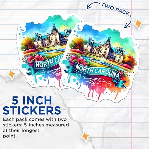 (2 Pack) North Carolina Stickers - Colorful Landmark Stickers - Travel Destination Stickers - 5" On Longest Side - Sticks to Smooth Flat Surfaces - Made in USA - BMCS7069