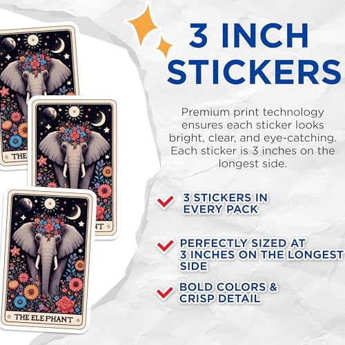 (3 Pack) Floral Elephant Decals - Boho Elephant Art - Celestial Decal - 3 Inches On Longest Side - Easy Peel & Apply - Made in USA - 3MCS4168