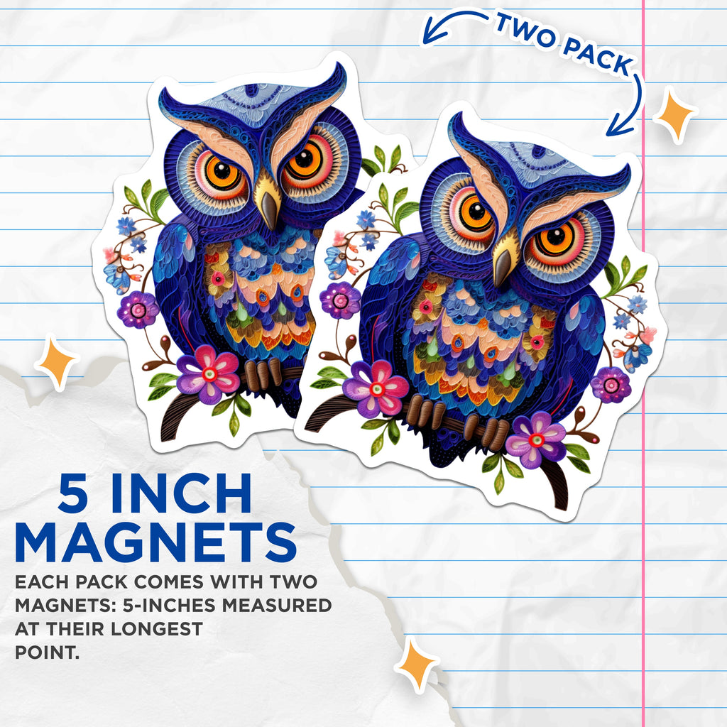(2 Pack) Quilling Owl Magnets - Bohemian Home Decor - Vibrant Refrigerator Art - 5 Inches On Longest Side - Thick Durable Magnet - Made in USA - MAG39634