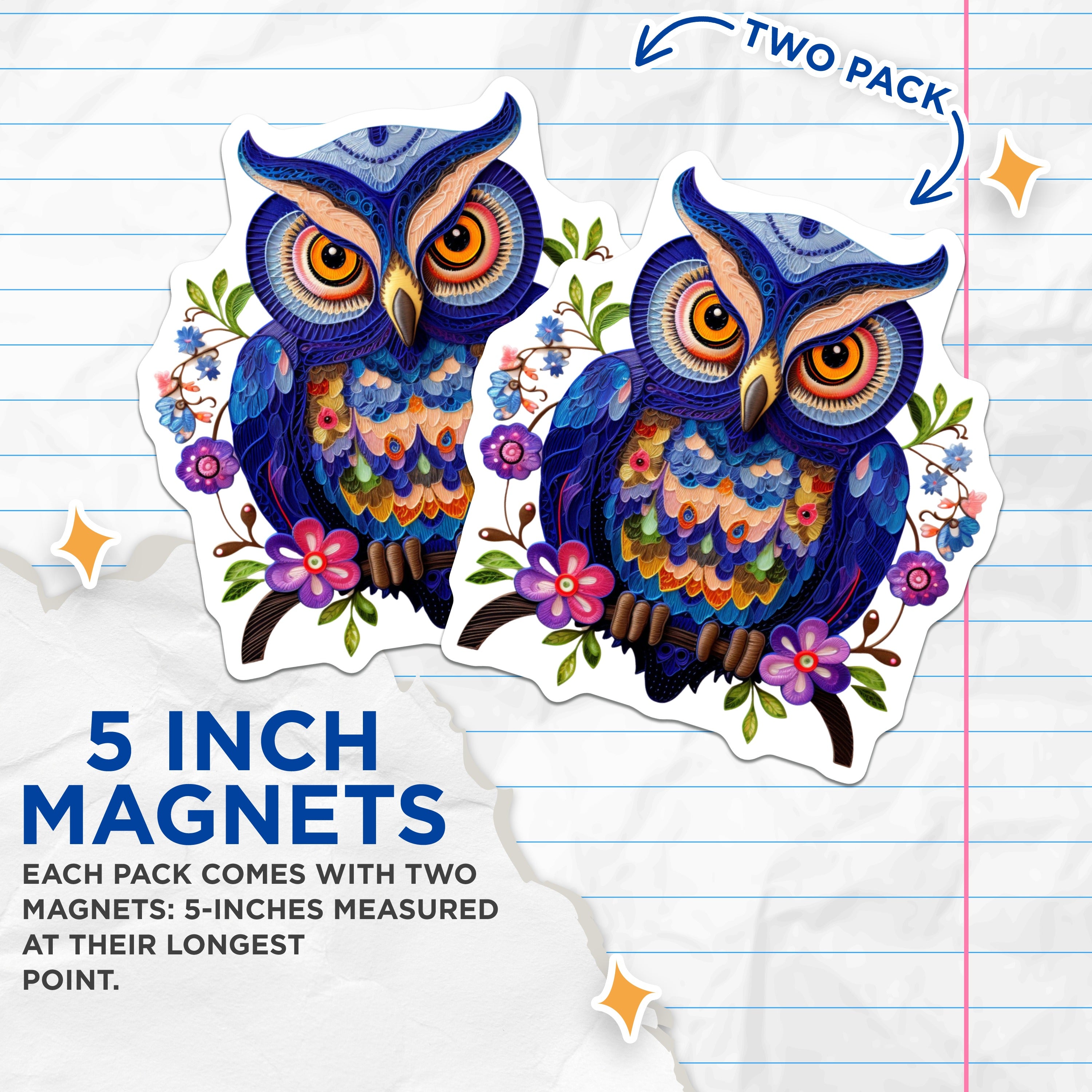(2 Pack) Quilling Owl Magnets - Bohemian Home Decor - Vibrant Refrigerator Art - 5 Inches On Longest Side - Thick Durable Magnet - Made in USA - MAG39634